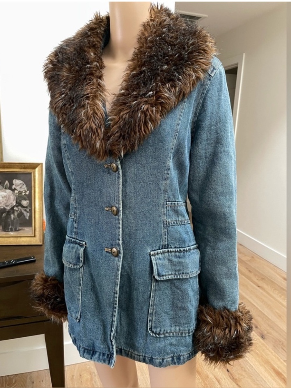 Vtg GIACCA Penny Lane Y2K Faux Fur Denim Coat Jacket Old Money Mobwife XL - Picture 2 of 7